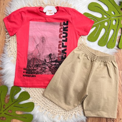 Conj. Camiseta Explorer e Bermuda - Coral e Areia